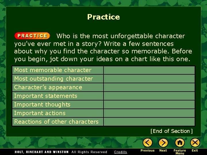 Practice Who is the most unforgettable character you’ve ever met in a story? Write