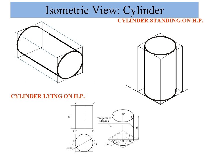 Isometric View: Cylinder CYLINDER STANDING ON H. P. CYLINDER LYING ON H. P. 