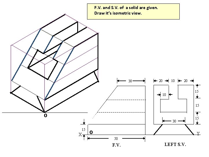 F. V. and S. V. of a solid are given. Draw it’s isometric view.
