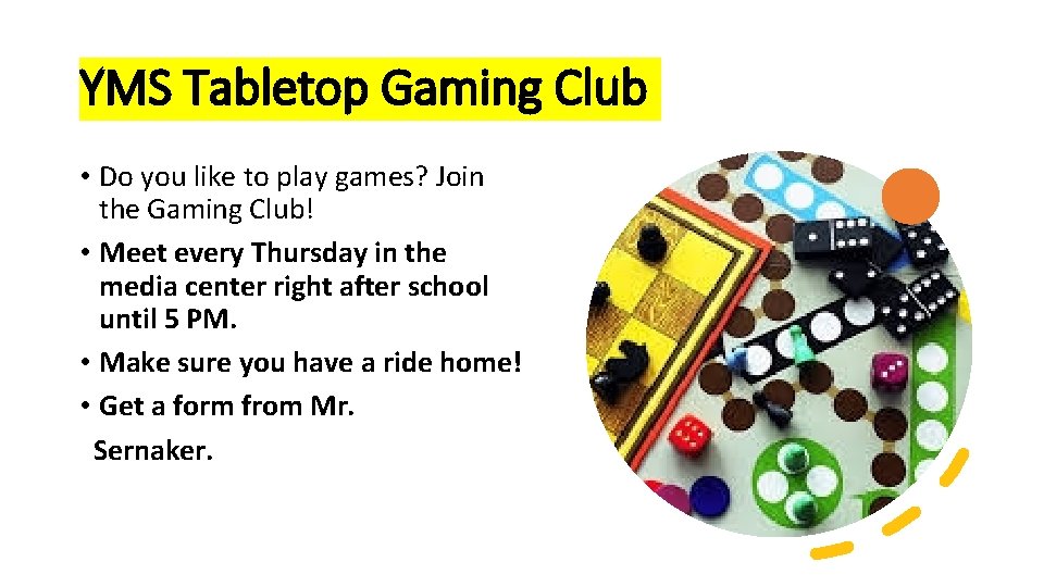 YMS Tabletop Gaming Club • Do you like to play games? Join the Gaming