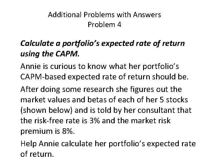 Additional Problems with Answers Problem 4 Calculate a portfolio’s expected rate of return using
