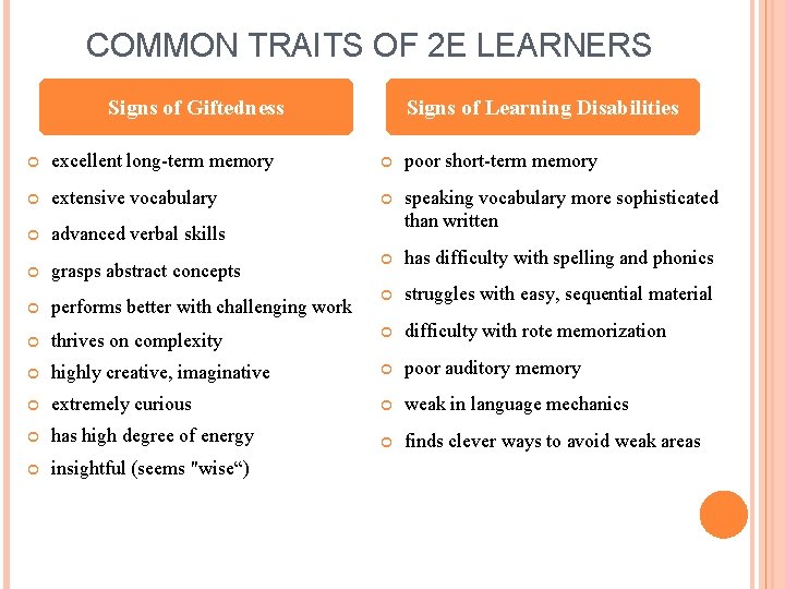 COMMON TRAITS OF 2 E LEARNERS Signs of Giftedness Signs of Learning Disabilities excellent