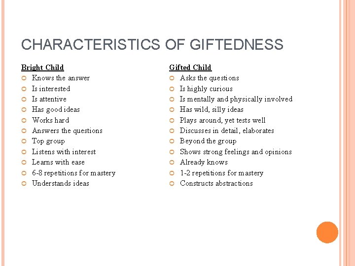 CHARACTERISTICS OF GIFTEDNESS Bright Child Knows the answer Is interested Is attentive Has good
