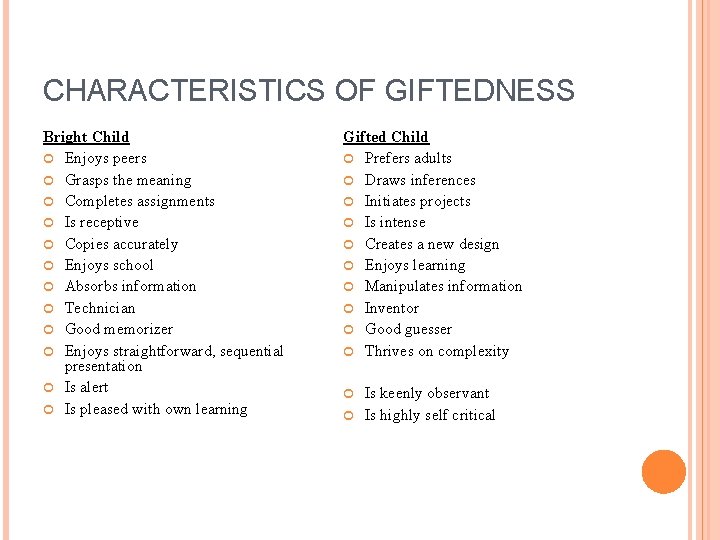 CHARACTERISTICS OF GIFTEDNESS Bright Child Enjoys peers Grasps the meaning Completes assignments Is receptive