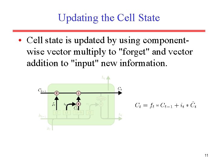 Updating the Cell State • Cell state is updated by using componentwise vector multiply Updating the Cell State • Cell state is updated by using componentwise vector multiply