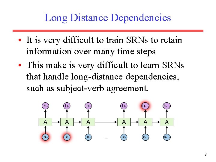 Long Distance Dependencies • It is very difficult to train SRNs to retain information Long Distance Dependencies • It is very difficult to train SRNs to retain information