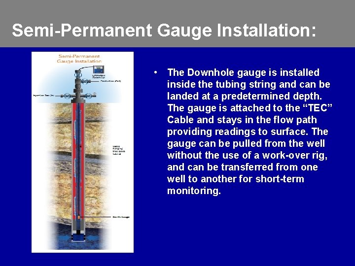 Semi-Permanent Gauge Installation: • The Downhole gauge is installed inside the tubing string and