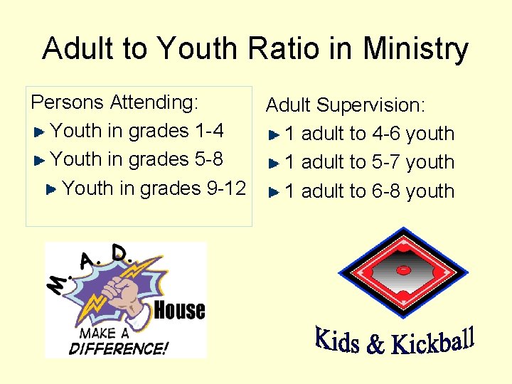 Adult to Youth Ratio in Ministry Persons Attending: Adult Supervision: Youth in grades 1