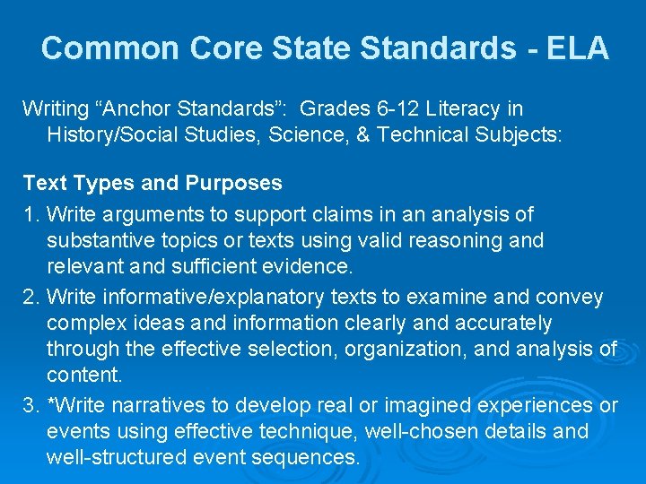Common Core State Standards - ELA Writing “Anchor Standards”: Grades 6 -12 Literacy in