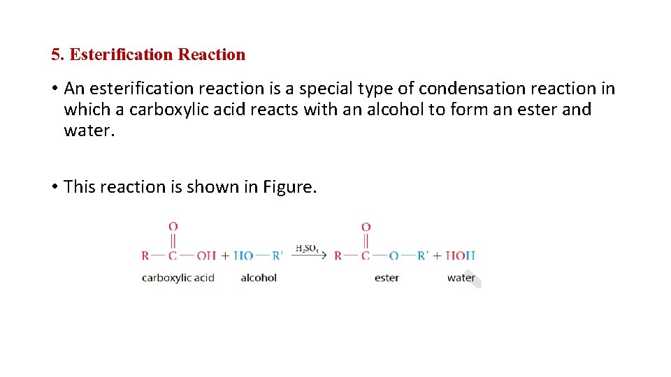 5. Esterification Reaction • An esterification reaction is a special type of condensation reaction