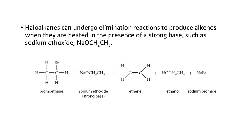  • Haloalkanes can undergo elimination reactions to produce alkenes when they are heated