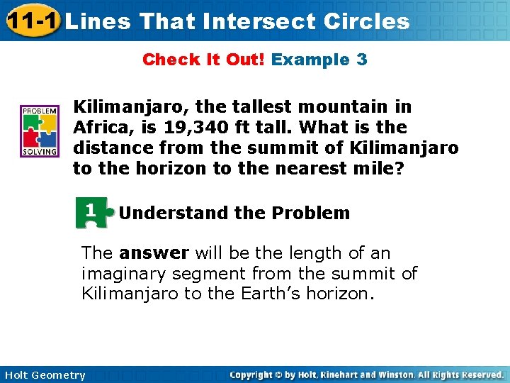 11 -1 Lines That Intersect Circles Check It Out! Example 3 Kilimanjaro, the tallest