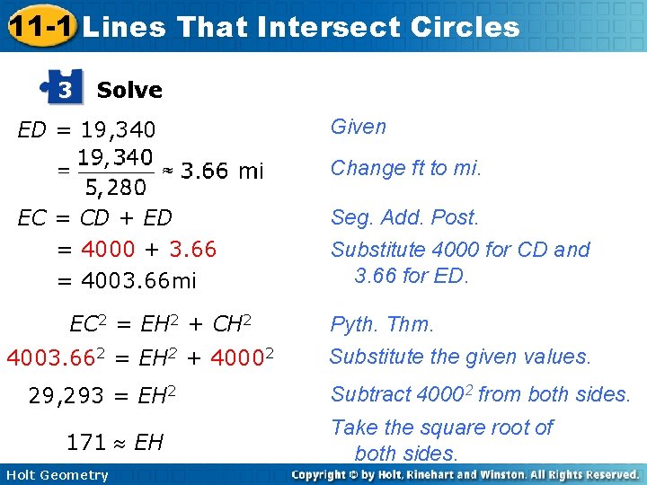 11 -1 Lines That Intersect Circles 3 Solve ED = 19, 340 Given Change