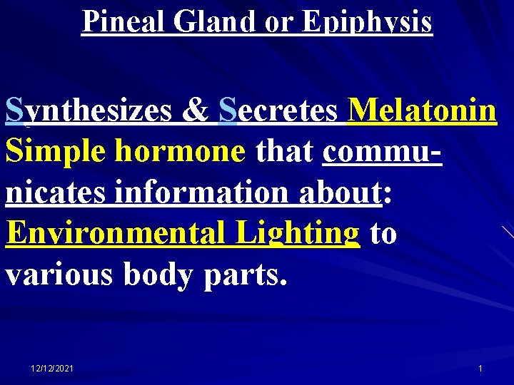 Pineal Gland or Epiphysis Synthesizes & Secretes Melatonin Simple hormone that communicates information about: