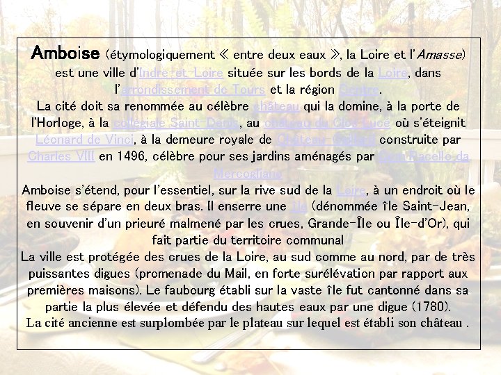 Amboise (étymologiquement « entre deux eaux » , la Loire et l'Amasse) est une