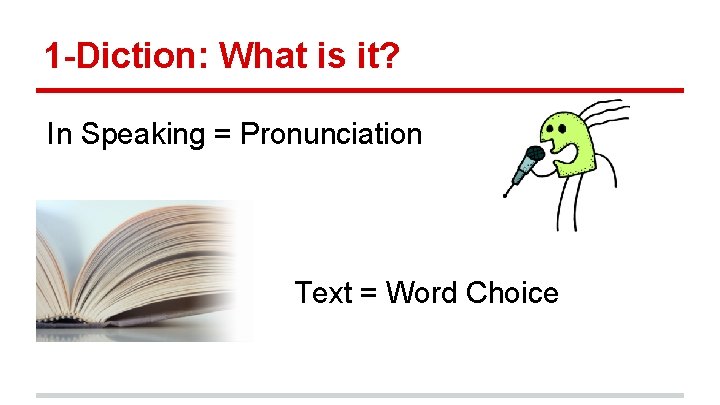 1 -Diction: What is it? In Speaking = Pronunciation Text = Word Choice 