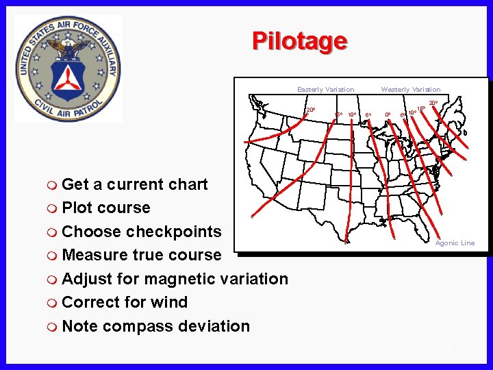 Pilotage Easterly Variation 20º a current chart m Plot course m Choose checkpoints m