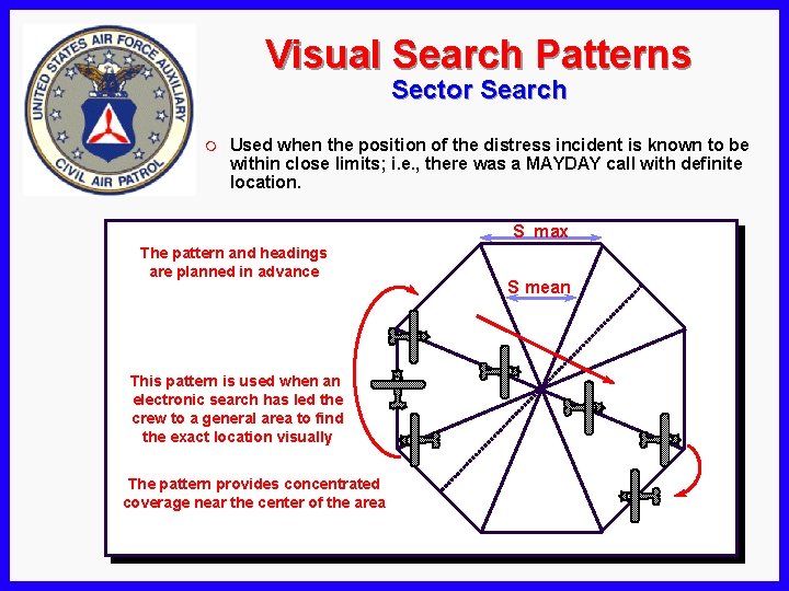 Visual Search Patterns Sector Search m Used when the position of the distress incident