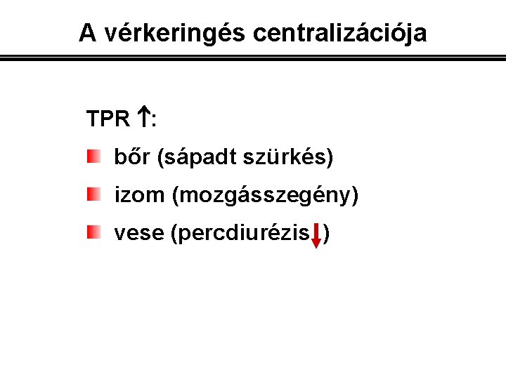 A vérkeringés centralizációja TPR : bőr (sápadt szürkés) izom (mozgásszegény) vese (percdiurézis ) 