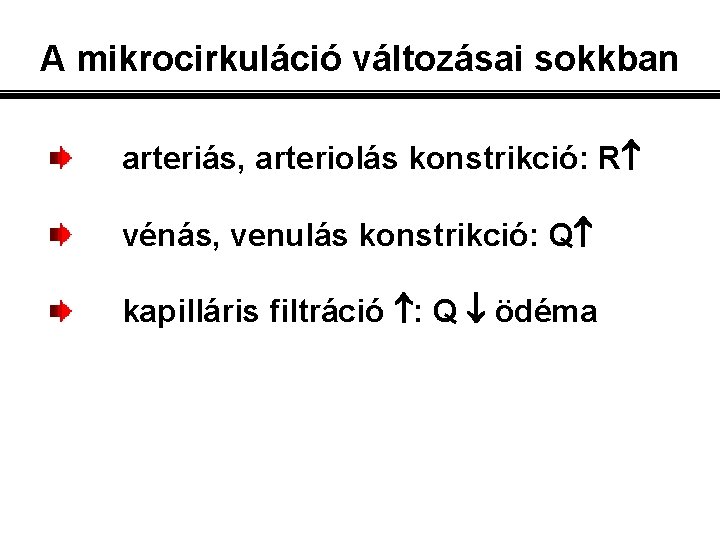 A mikrocirkuláció változásai sokkban arteriás, arteriolás konstrikció: R vénás, venulás konstrikció: Q kapilláris filtráció