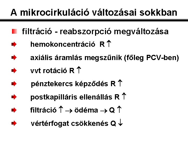 A mikrocirkuláció változásai sokkban filtráció - reabszorpció megváltozása hemokoncentráció R axiális áramlás megszűnik (főleg