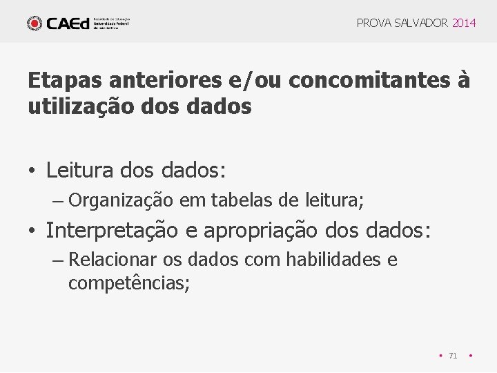 PROVA SALVADOR 2014 Etapas anteriores e/ou concomitantes à utilização dos dados • Leitura dos