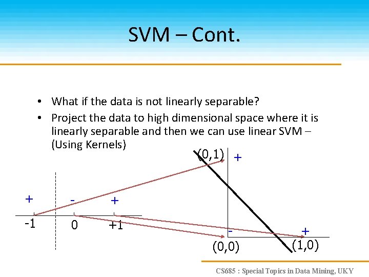 SVM – Cont. • What if the data is not linearly separable? • Project