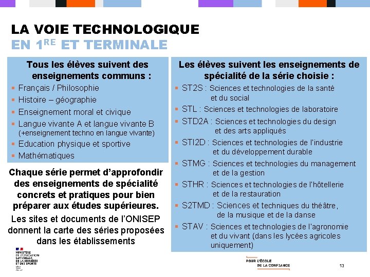 LA VOIE TECHNOLOGIQUE EN 1 RE ET TERMINALE Tous les élèves suivent des enseignements