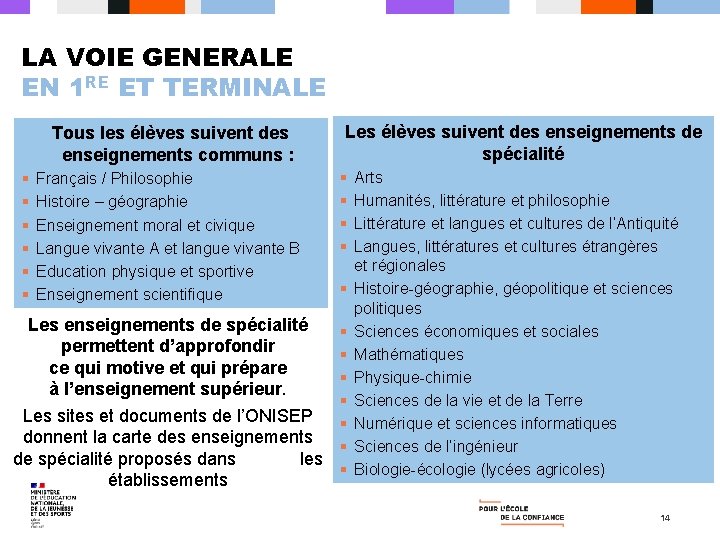 LA VOIE GENERALE EN 1 RE ET TERMINALE Tous les élèves suivent des enseignements