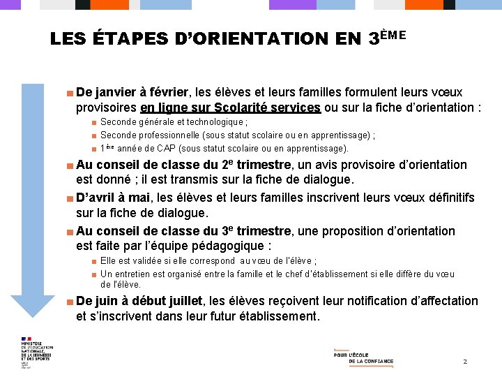 LES ÉTAPES D’ORIENTATION EN 3ÈME ■ De janvier à février, les élèves et leurs