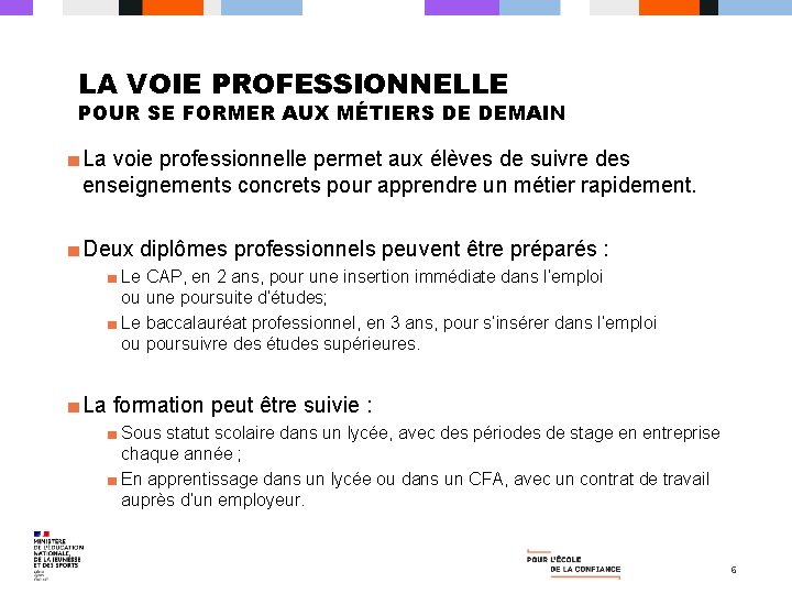 LA VOIE PROFESSIONNELLE POUR SE FORMER AUX MÉTIERS DE DEMAIN ■ La voie professionnelle