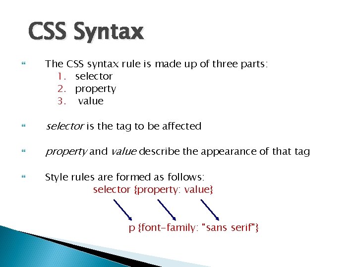 CSS Syntax The CSS syntax rule is made up of three parts: 1. selector