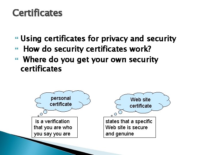 Certificates Using certificates for privacy and security How do security certificates work? Where do