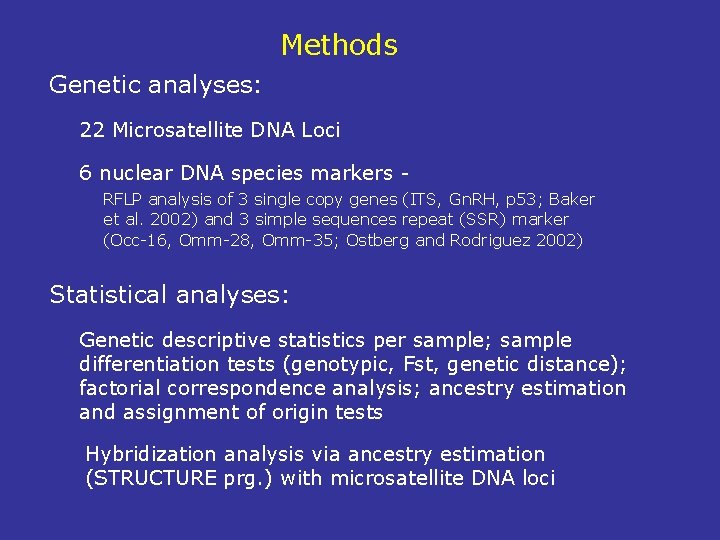 Methods Genetic analyses: 22 Microsatellite DNA Loci 6 nuclear DNA species markers RFLP analysis