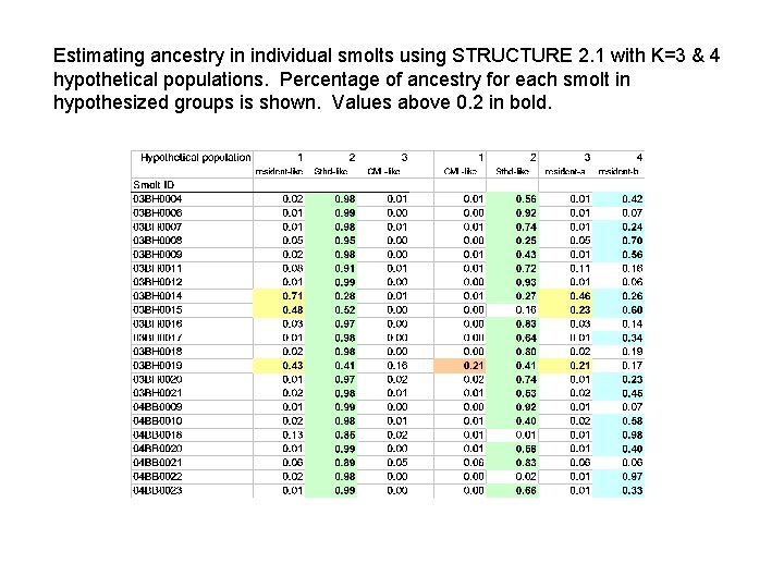 Estimating ancestry in individual smolts using STRUCTURE 2. 1 with K=3 & 4 hypothetical