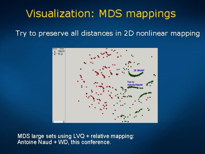 Visualization: MDS mappings Try to preserve all distances in 2 D nonlinear mapping MDS