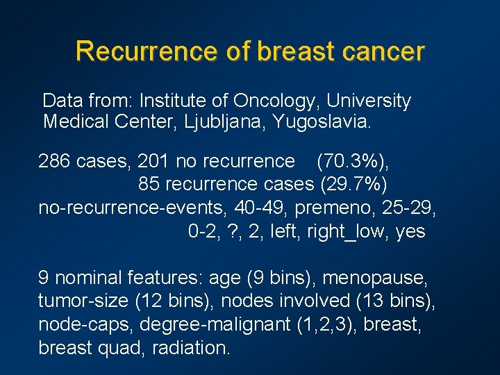 Recurrence of breast cancer Data from: Institute of Oncology, University Medical Center, Ljubljana, Yugoslavia.