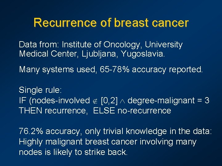 Recurrence of breast cancer Data from: Institute of Oncology, University Medical Center, Ljubljana, Yugoslavia.