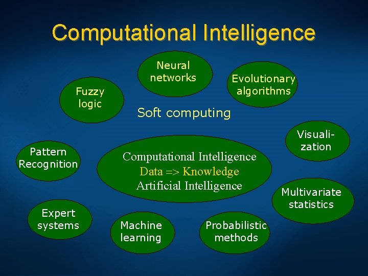 Computational Intelligence Neural networks Fuzzy logic Pattern Recognition Expert systems Evolutionary algorithms Soft computing