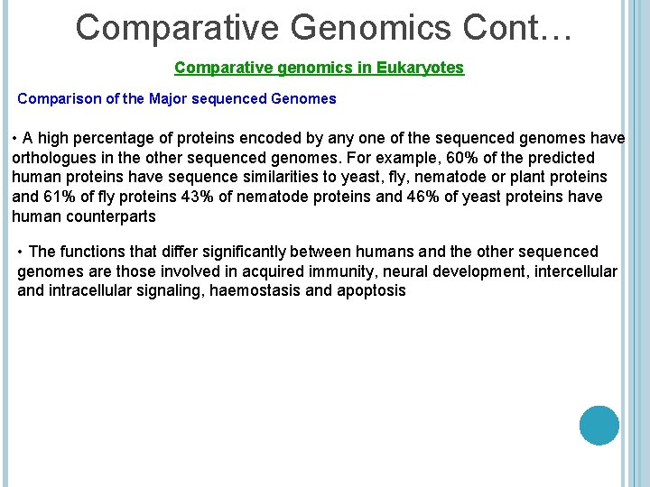 Comparative Genomics Cont… Comparative genomics in Eukaryotes Comparison of the Major sequenced Genomes •