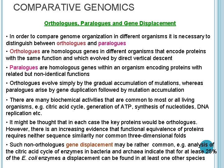 COMPARATIVE GENOMICS Orthologues, Paralogues and Gene Displacement • In order to compare genome organization