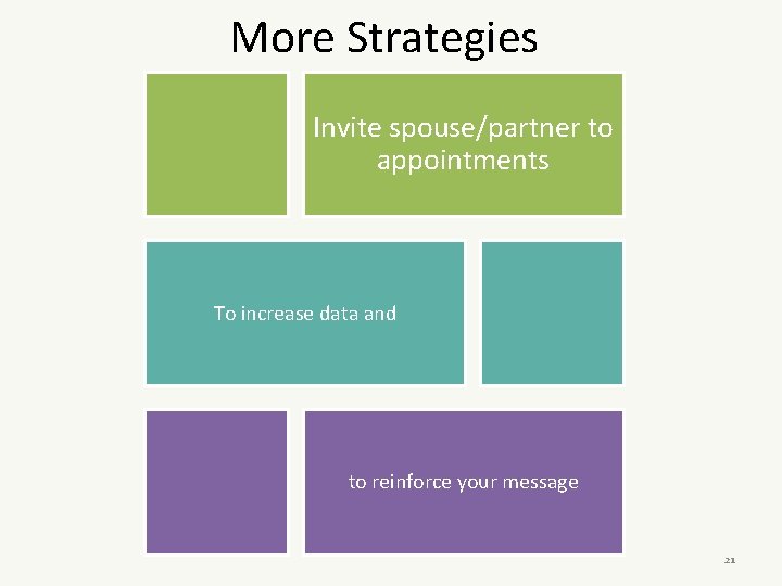 More Strategies Invite spouse/partner to appointments To increase data and to reinforce your message