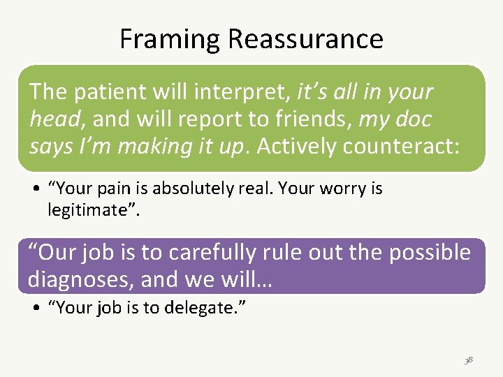 Framing Reassurance The patient will interpret, it’s all in your head, and will report