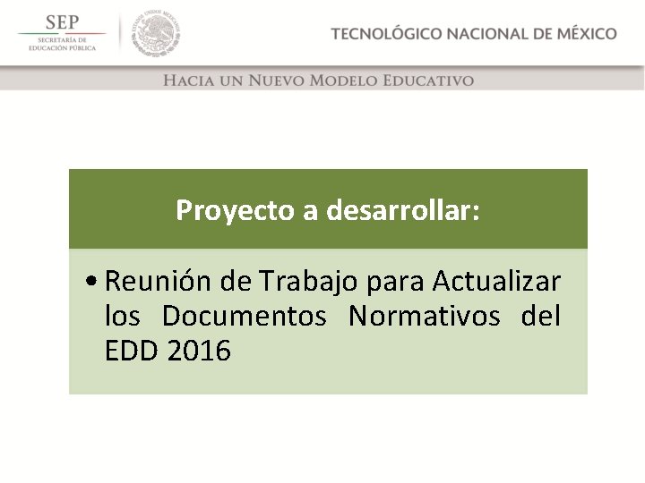 Proyecto a desarrollar: • Reunión de Trabajo para Actualizar los Documentos Normativos del EDD