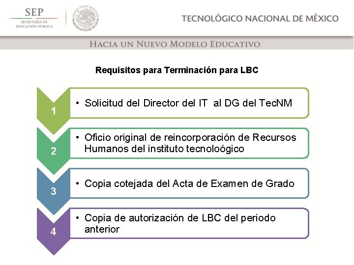 Requisitos para Terminación para LBC 1 2 3 4 • Solicitud del Director del