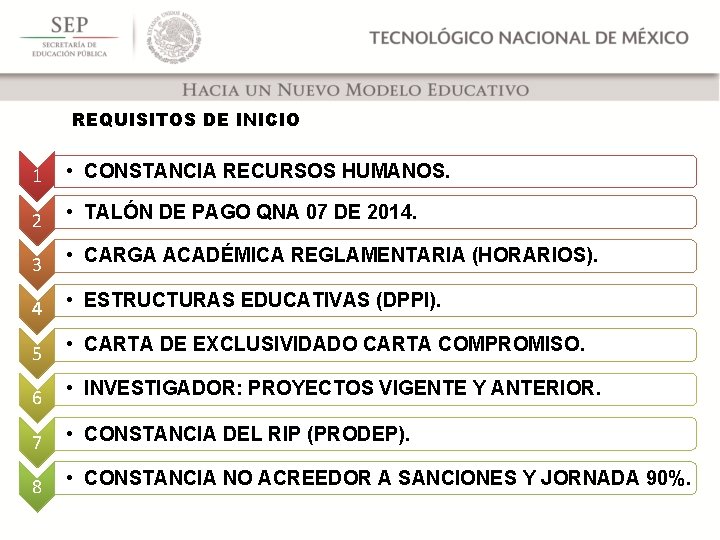 REQUISITOS DE INICIO 1 • CONSTANCIA RECURSOS HUMANOS. 2 • TALÓN DE PAGO QNA