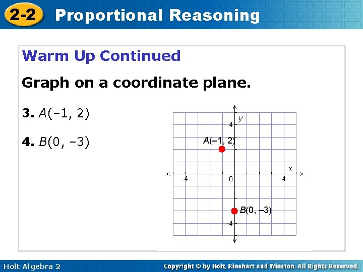 2 -2 Proportional Reasoning Warm Up Continued Graph on a coordinate plane. 3. A(–