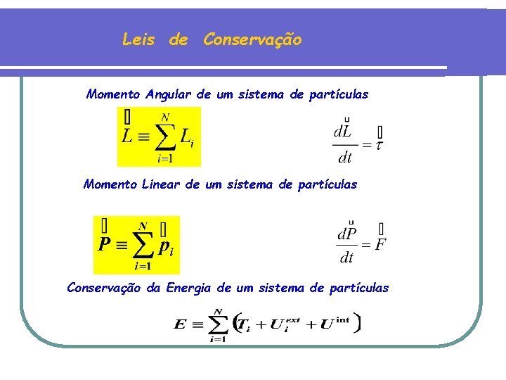 Leis de Conservação Momento Angular de um sistema de partículas Momento Linear de um