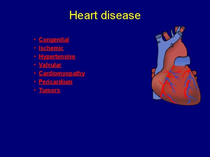 Heart disease • • Congenital Ischemic Hypertensive Valvular Cardiomyopathy Pericardium Tumors 