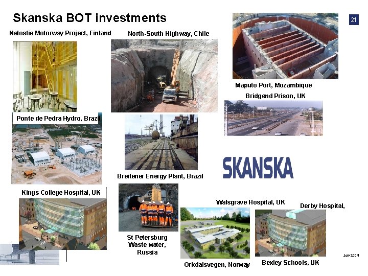 Skanska BOT investments Nelostie Motorway Project, Finland 21 North-South Highway, Chile Maputo Port, Mozambique